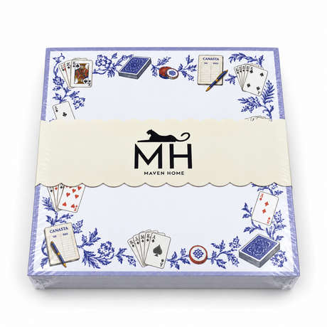 Proper Canasta notepad in its MH band with playing cards, canasta score pads, chips and blue florals