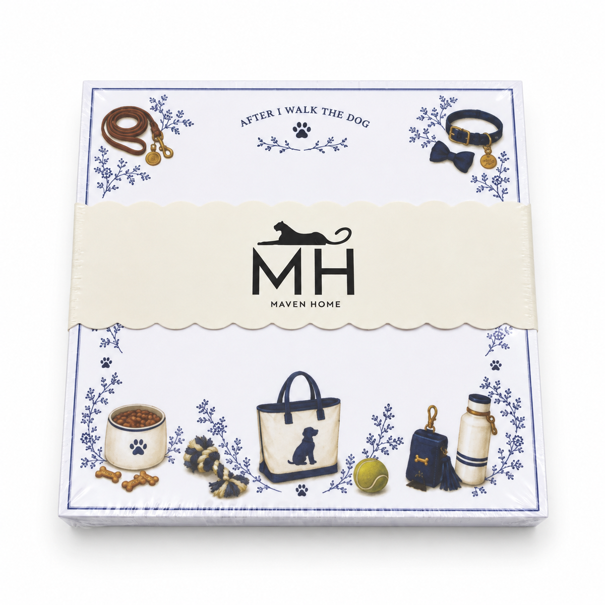 After I Walk the Dog notepad in its MH band with a leash, collar, dog tote, bowl and tennis ball