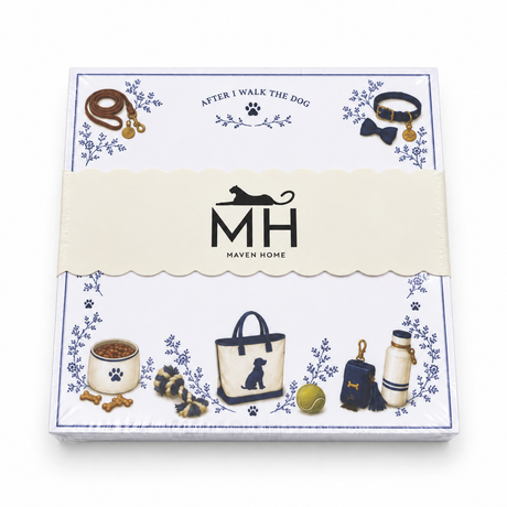 After I Walk the Dog notepad in its MH band with a leash, collar, dog tote, bowl and tennis ball
