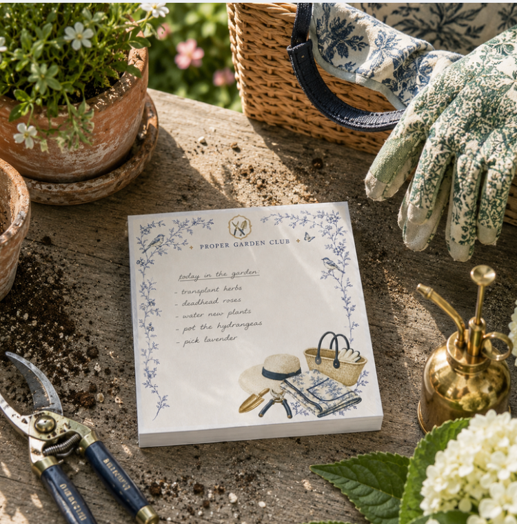 Proper Garden Club 5x5 notepad refill, 100 sheets, with garden hat, gloves and tote