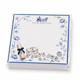 Proper Mahjong Club 5x5 notepad refill with blue peonies, horse carriage, mahjong tiles and dice