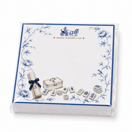 Proper Mahjong Club 5x5 notepad refill with blue peonies, horse carriage, mahjong tiles and dice