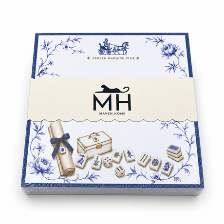 Proper Mahjong Club notepad in its MH band with a horse carriage, blue peonies, mahjong tiles and dice