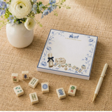 Proper Mahjong 5x5 notepad refill, 100 sheets, with painted mahjong tiles and blue botanicals