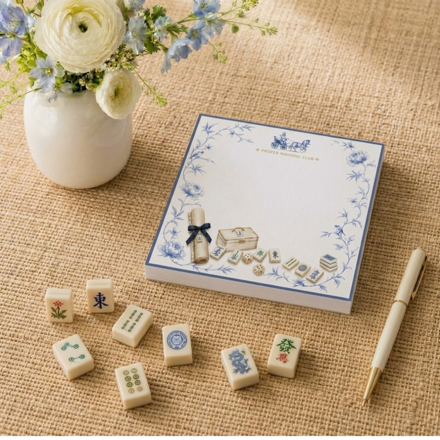 Proper Mahjong 5x5 notepad refill, 100 sheets, with painted mahjong tiles and blue botanicals