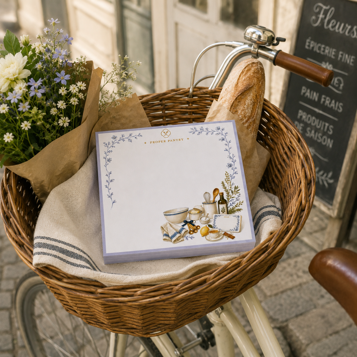 Proper Pantry notepad in a bicycle basket with a baguette and fresh flowers