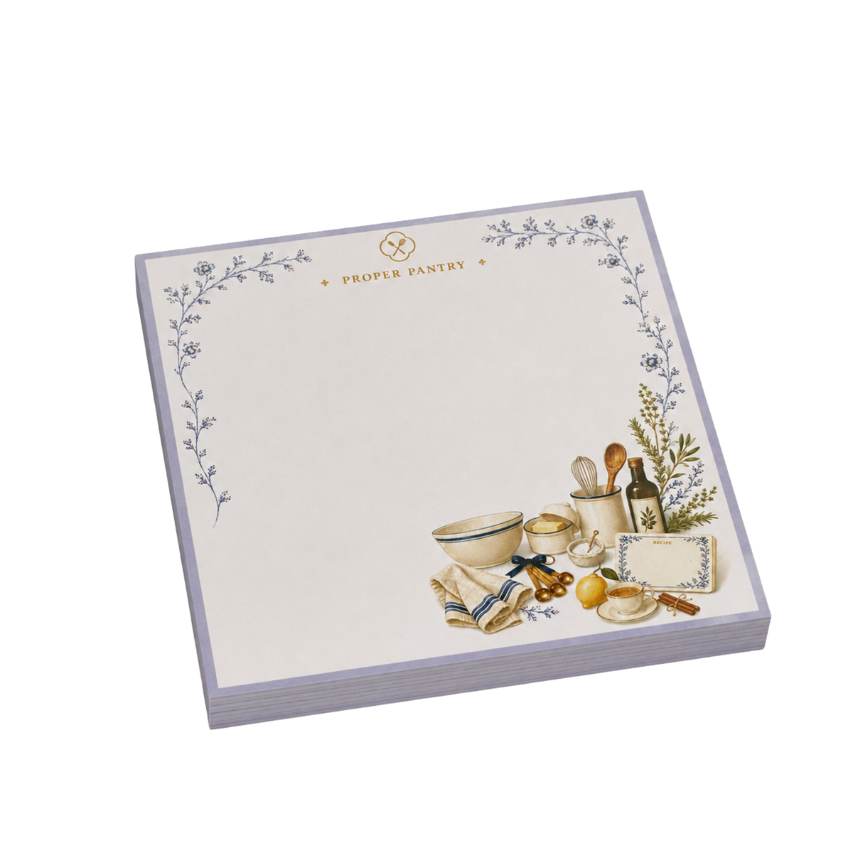 Proper Pantry 5x5 notepad refill with lavender border, mixing bowl, olive oil, lemon and recipe card
