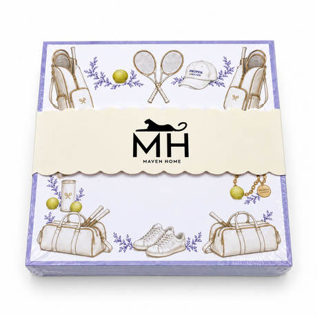 Proper Tennis notepad in its MH band with a lavender border, crossed rackets, tennis bags and balls
