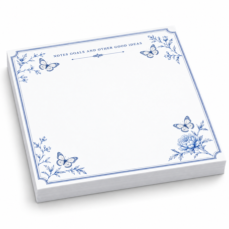 Notes, Goals and Other Good Ideas 5x5 notepad with blue butterflies and a peony, angled view on white