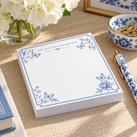 Notes and Goals notepad on a woven table with a blue-and-white dish, white flowers and a blue-and-white pen