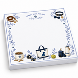 Proper Dogs After I Walk the Dog 5x5 notepad with a collar, bow tie, leash, dog bowl, tote and tennis ball, angled view