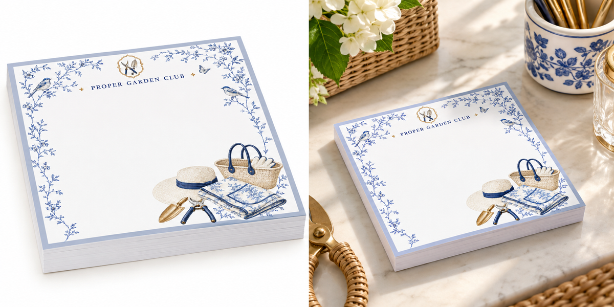 Proper Garden Club notepad shown on white beside the same pad styled with garden flowers