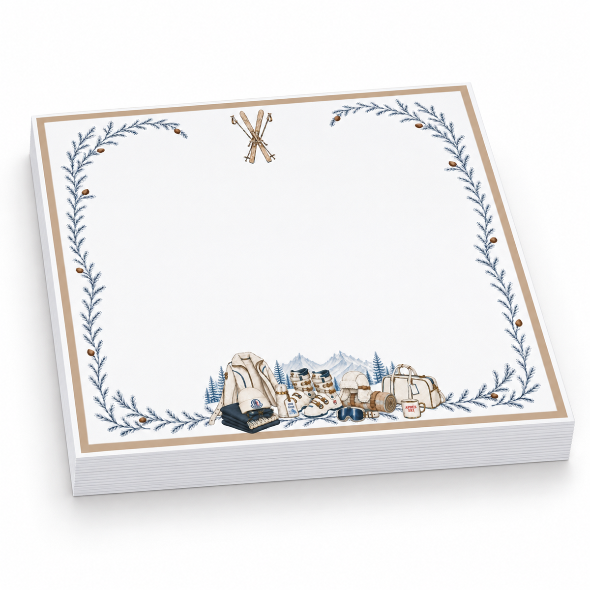 Proper Ski 5x5 notepad with a blank page, crossed skis, a gold border, blue pine vines and ski gear, angled view