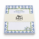 Let's Get Crackin, So Mahj to Do! notepad in its MH band with a bamboo frame and blue tile border