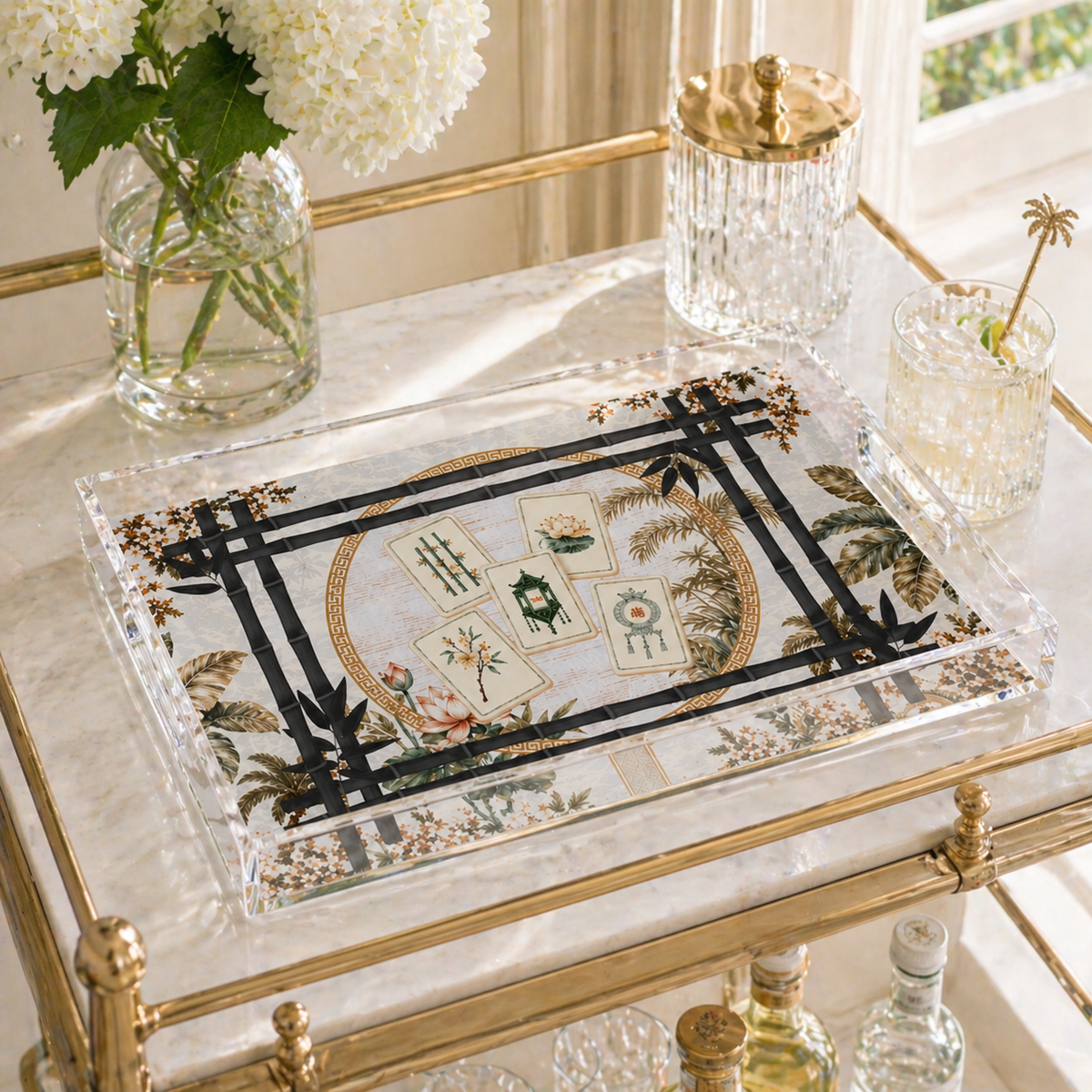Clear Acrylic Serving Tray, Bamboo Lotus Mahjong — Maven Home