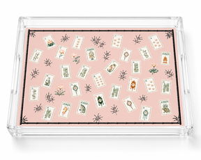 Empty pink mahjong tile acrylic tray on white showing its clear side handles