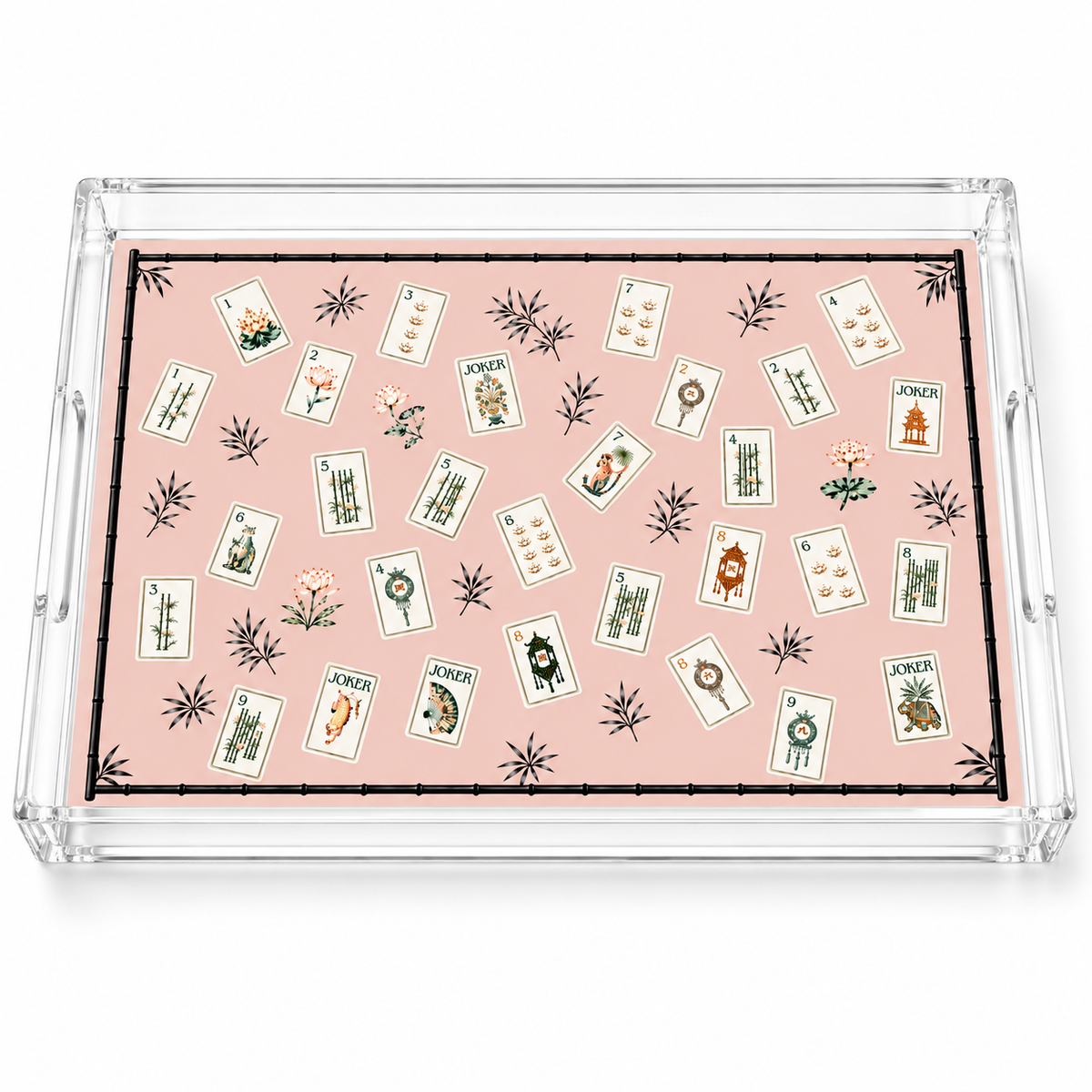 Mahjong Pink Lotus acrylic vanity tray on white: pink tray with scattered mahjong tiles