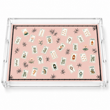Mahjong Pink Lotus acrylic vanity tray on white: pink tray with scattered mahjong tiles
