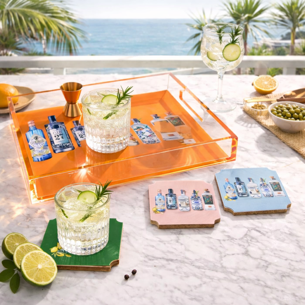 Acrylic Vanity and Bar Tray, Orange Gin Bottles - alternate view