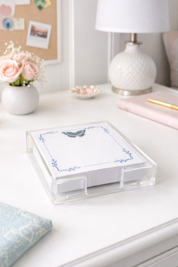 Notepad in Acrylic Holder, Blue Butterfly