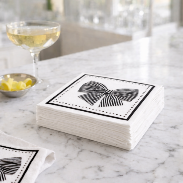Linen-Feel Cocktail Napkins, Black Bow