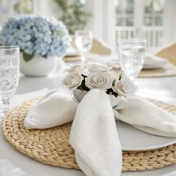 Acrylic Napkin Ring, White Rose Set of 4