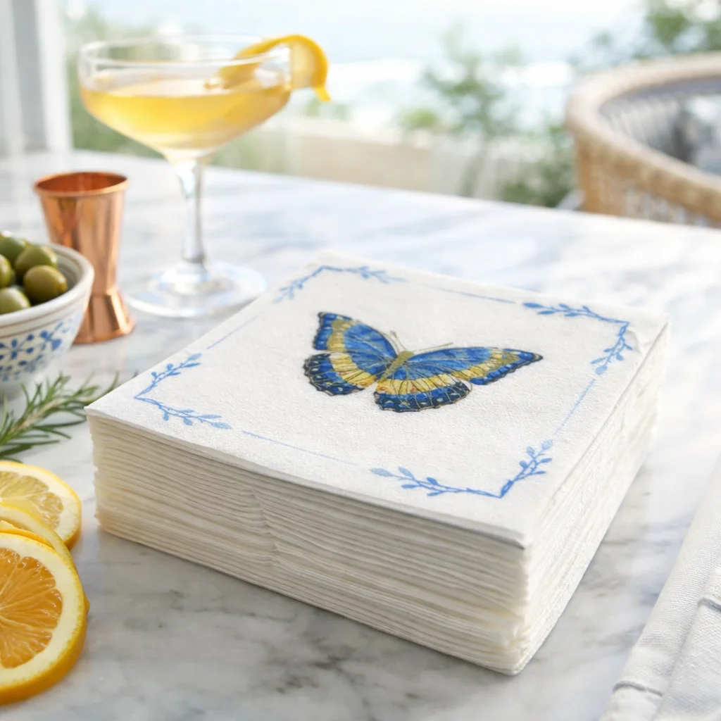 Linen-Feel Cocktail Napkins, Blue Butterfly – Maven Home Linen-Feel Cocktail Napkins, Blue Butterfly